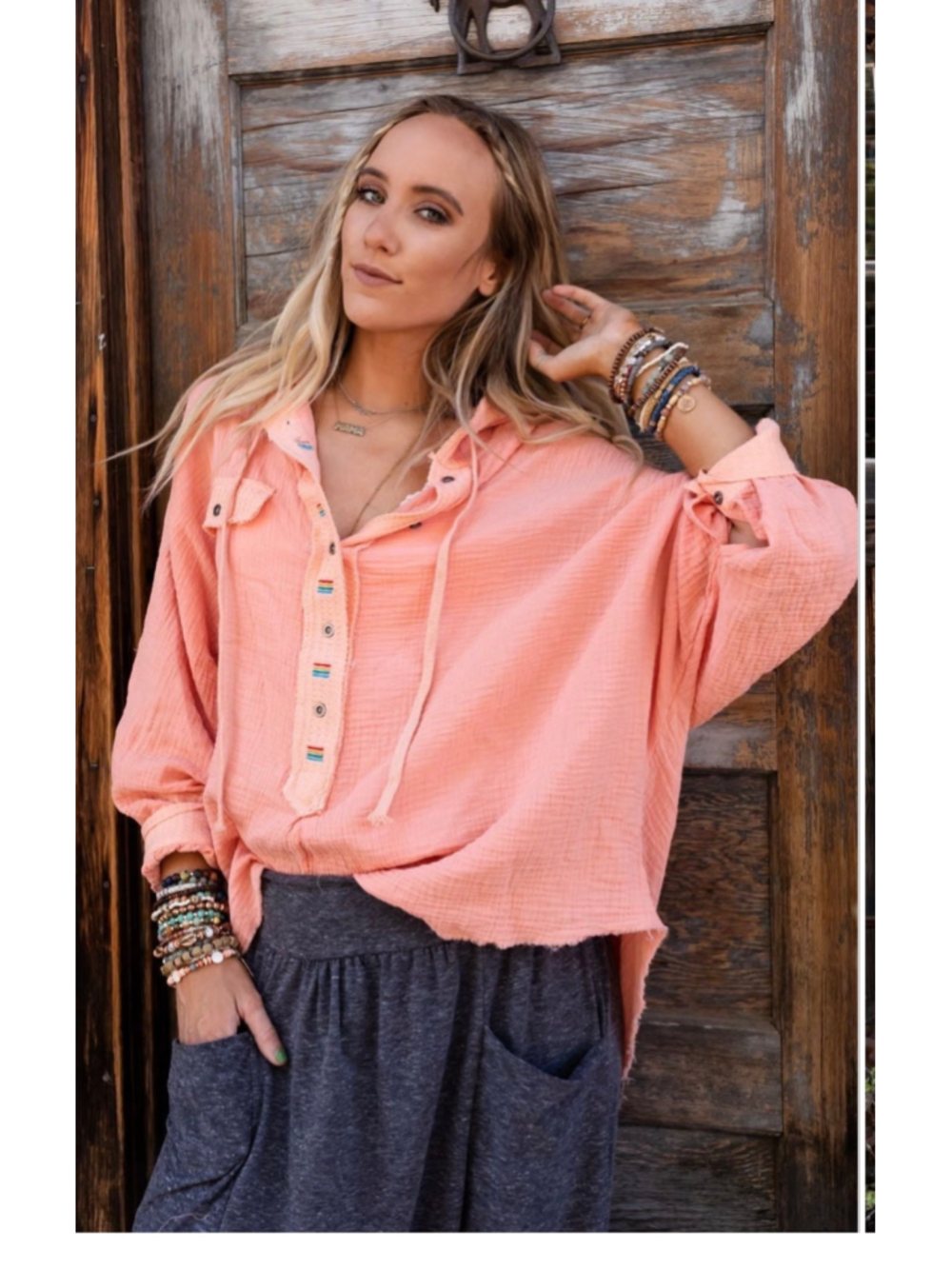 Women's POL Peach Hooded Pullover Sweatshirt Size M